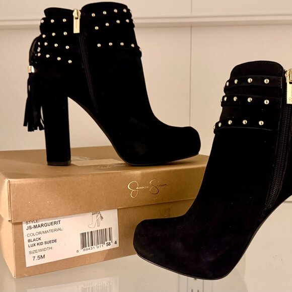 Women's Black Suede Ankle Boots Gold Studded with Tassels 7.5 - Picture 2 of 8